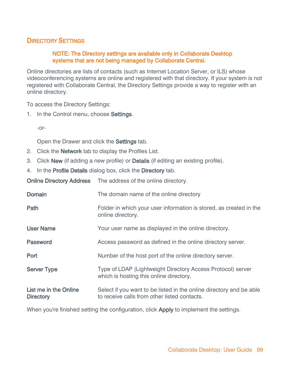 Directory settings, Directory | ClearOne Collaborate Desktop User Guide User Manual | Page 99 / 153