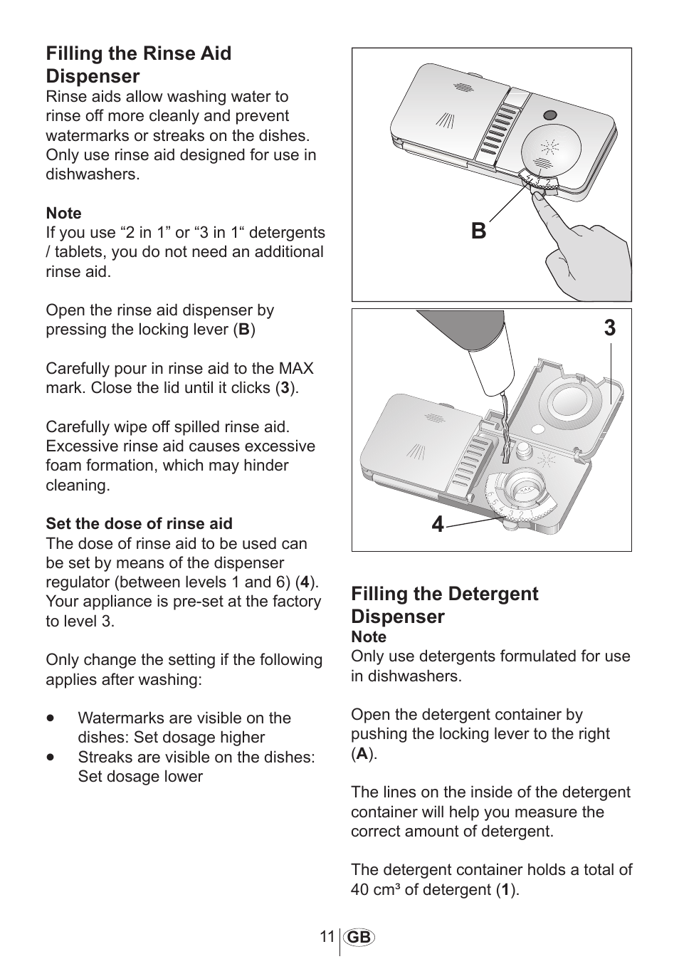 Filling the rinse aid dispenser, Filling the detergent dispenser | Beko 3905 MI User Manual | Page 12 / 38