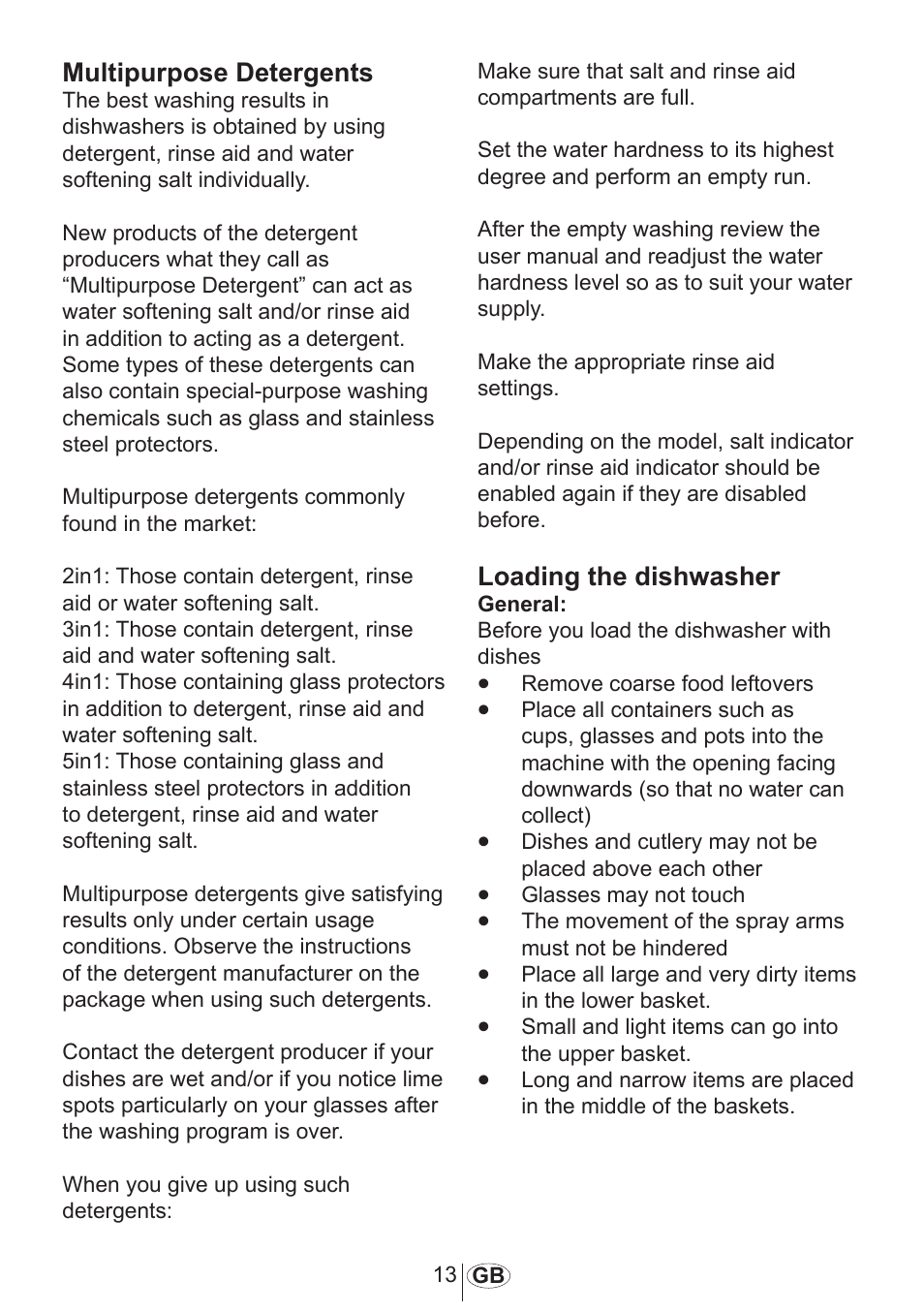 Multipurpose detergents, Loading the dishwasher | Beko 3905 MI User Manual | Page 14 / 38