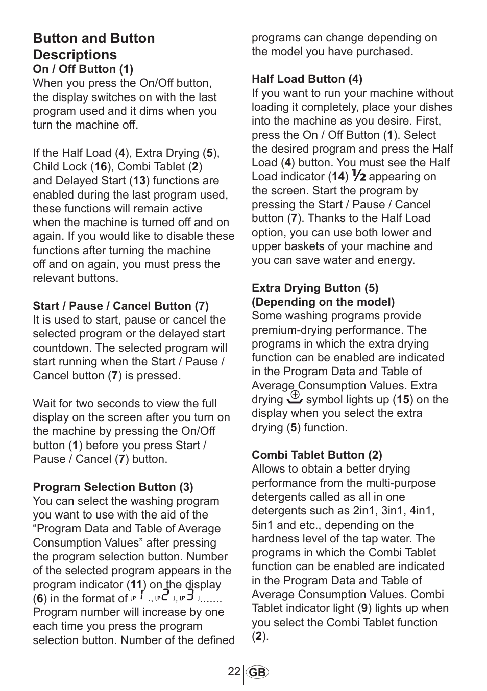 Button and button descriptions | Beko 3905 MI User Manual | Page 23 / 38