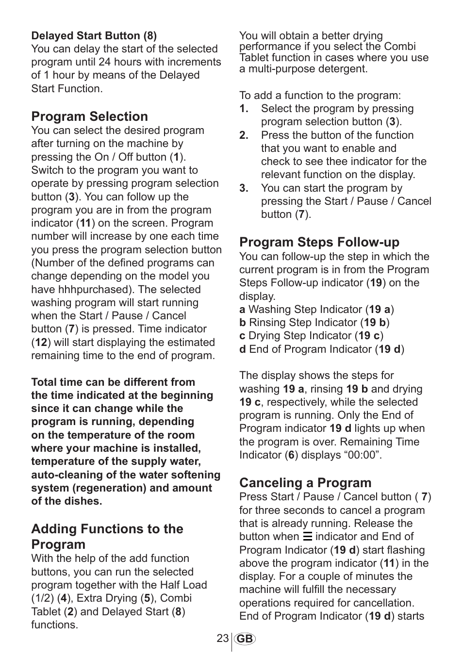 Program selection, Adding functions to the program, Program steps followtup | Canceling a program | Beko 3905 MI User Manual | Page 24 / 38
