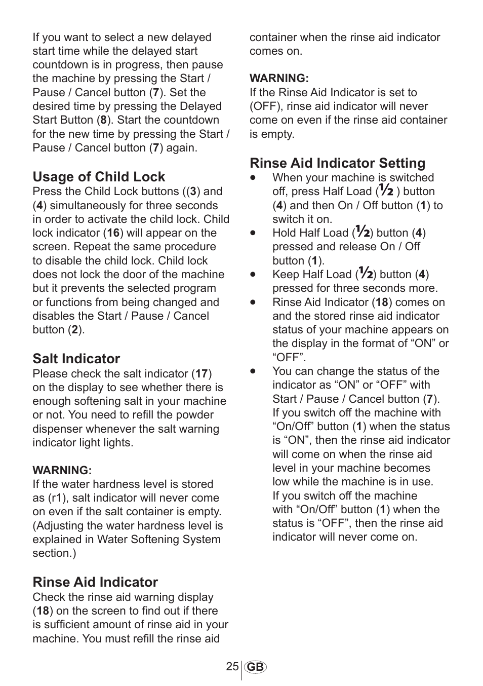 Usage of child lock, Salt indicator, Rinse aid indicator | Rinse aid indicator setting | Beko 3905 MI User Manual | Page 26 / 38