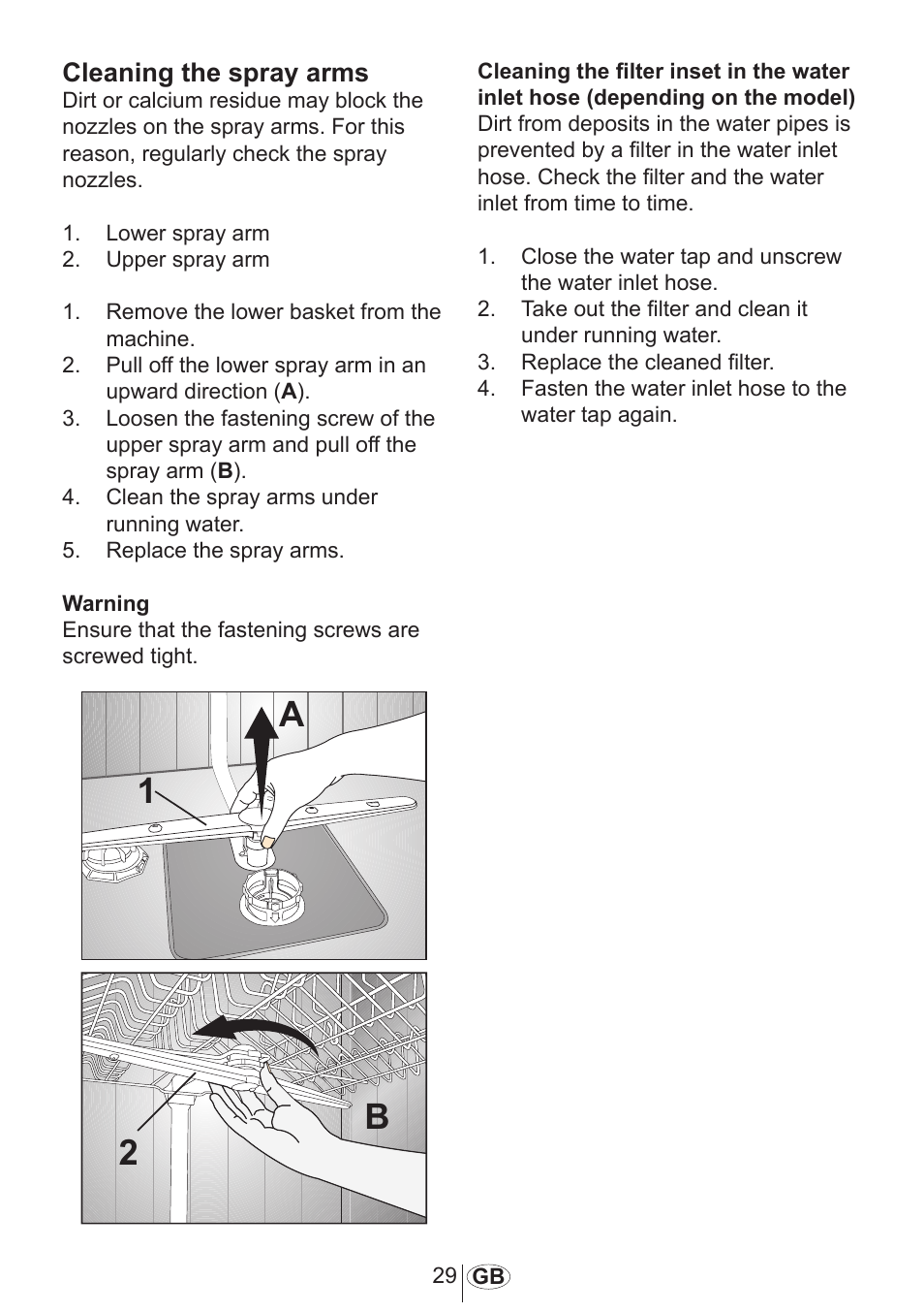 Cleaning the spray arms | Beko 3905 MI User Manual | Page 30 / 38