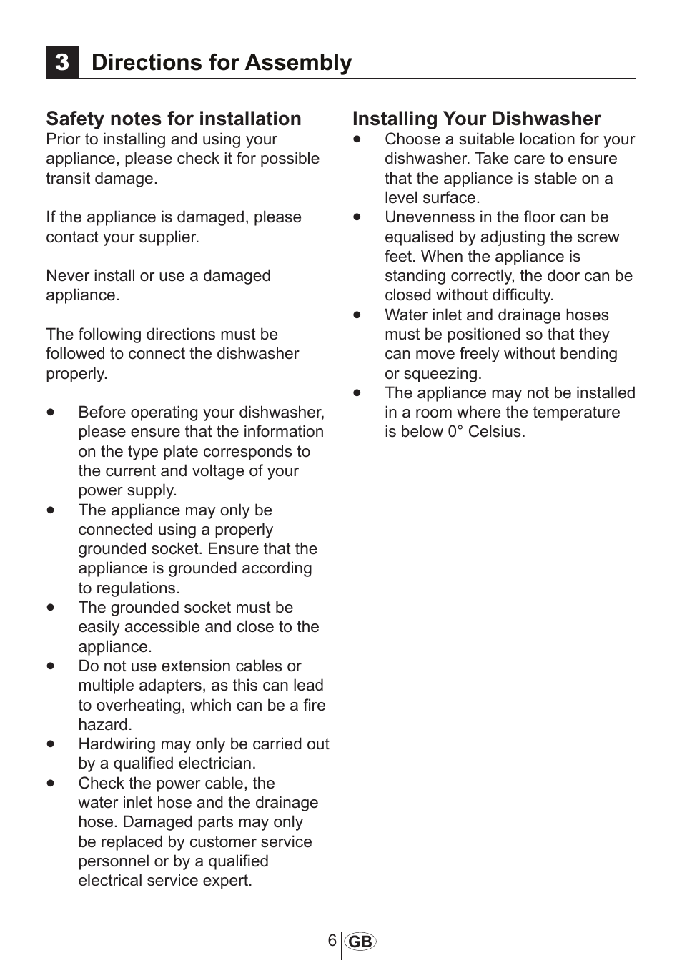 3directions for assembly, Installing your dishwasher | Beko 3905 MI User Manual | Page 7 / 38