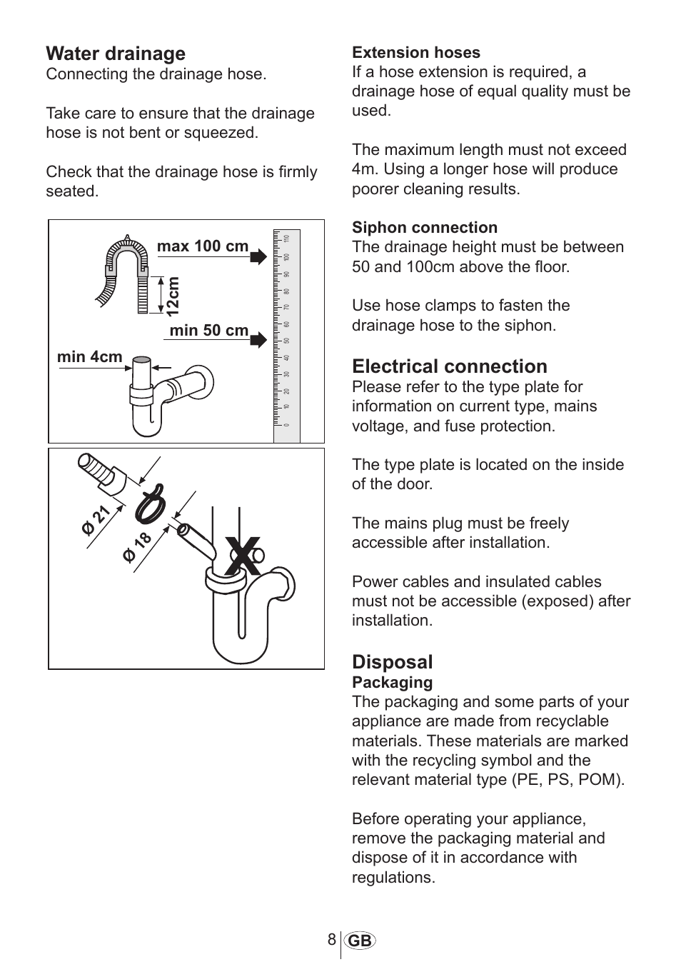 Water drainage, Electrical connection, Disposal | Beko 3905 MI User Manual | Page 9 / 38