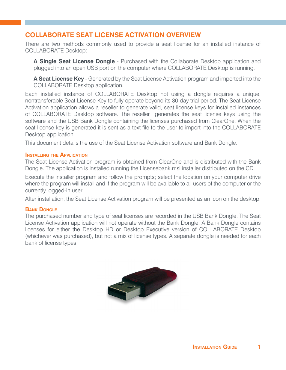 Collaborate seat license activation overview, Installing the application, Bank dongle | Installing the application bank dongle | ClearOne Collaborate Seat License Activation User Manual | Page 3 / 10