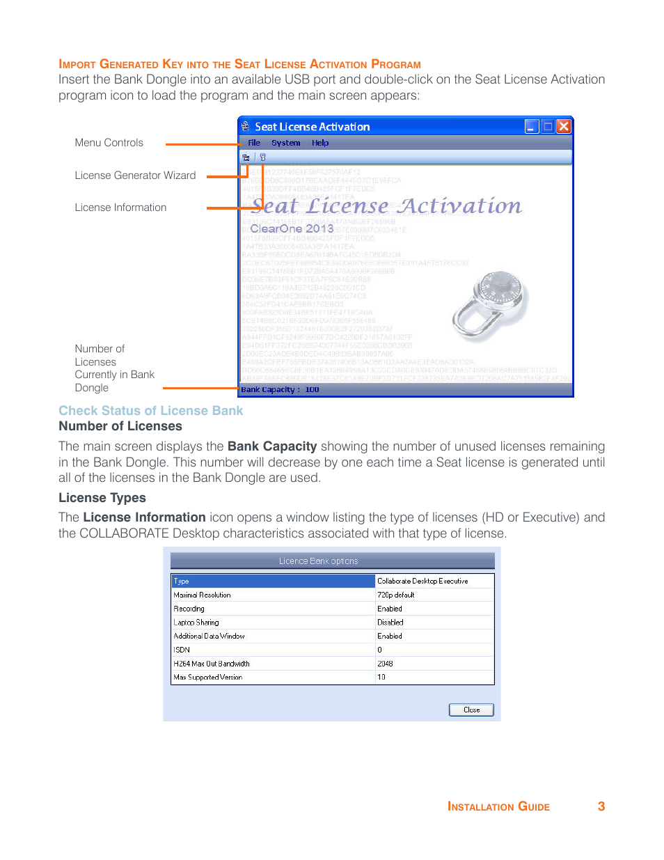 Check status of license bank, Number of licenses, License types | Number of licenses license types | ClearOne Collaborate Seat License Activation User Manual | Page 5 / 10