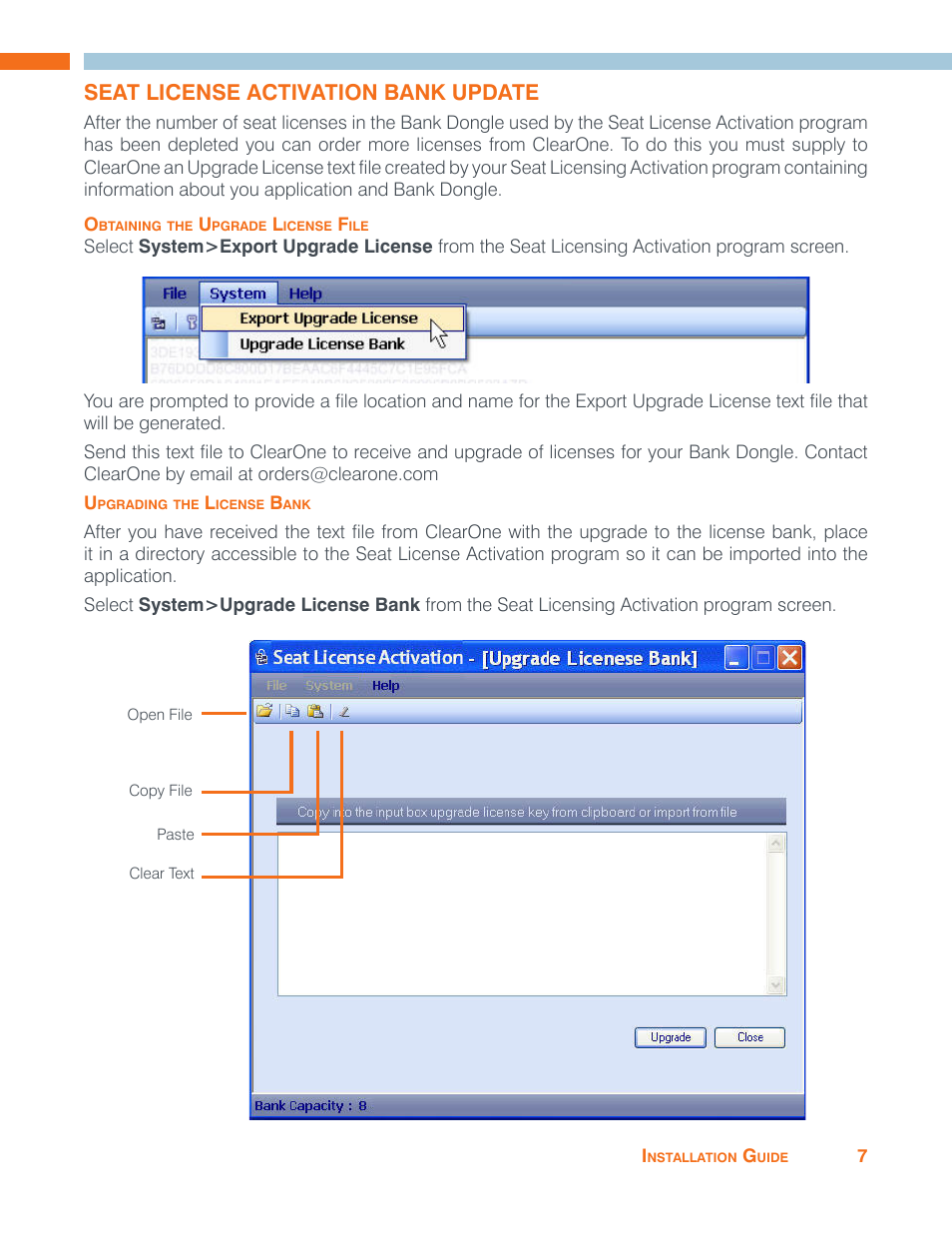 Seat license activation bank update, Obtaining the upgrade license file, Upgrading the license bank | ClearOne Collaborate Seat License Activation User Manual | Page 9 / 10