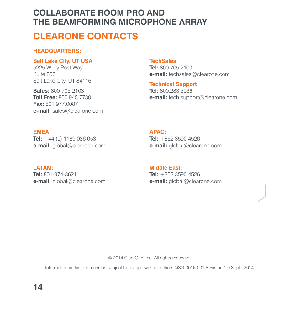 Clearone contacts | ClearOne Collaborate Room Pro with Beamforming Microphone Array User Manual | Page 16 / 16