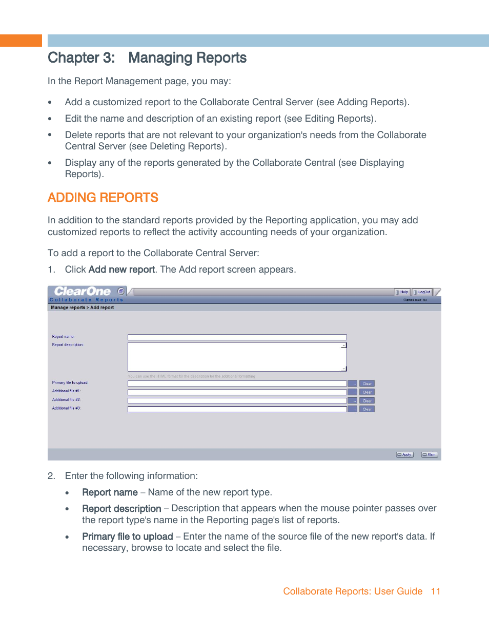 Chapter 3: managing reports, Adding reports | ClearOne Collaborate Central Reports User Manual | Page 11 / 29