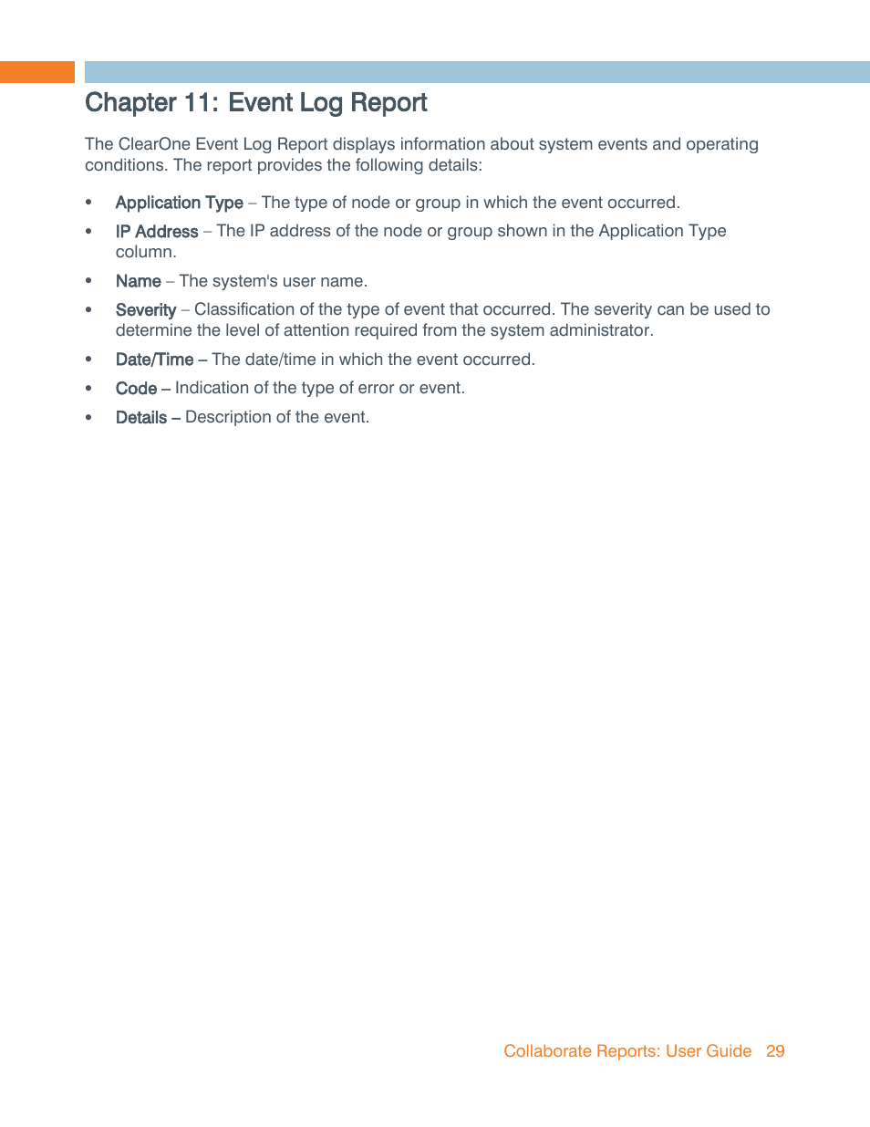 Chapter 11: event log report | ClearOne Collaborate Central Reports User Manual | Page 29 / 29