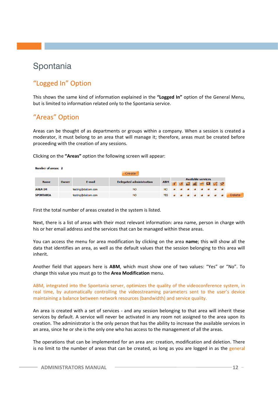 Spontania, Logged in” option, Areas” option | ClearOne Spontania Admin Manual User Manual | Page 12 / 38