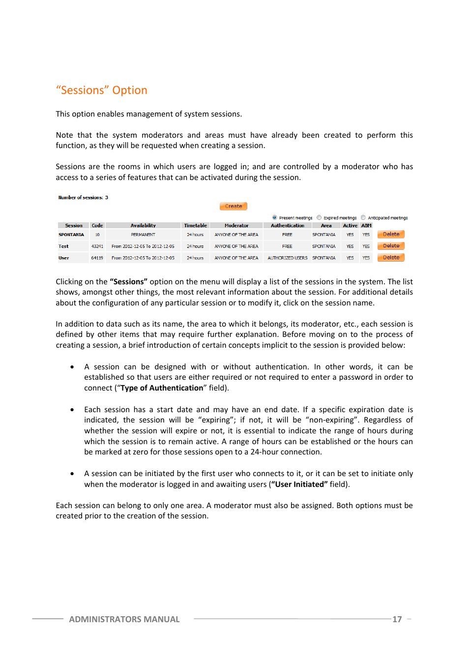 Sessions” option | ClearOne Spontania Admin Manual User Manual | Page 17 / 38