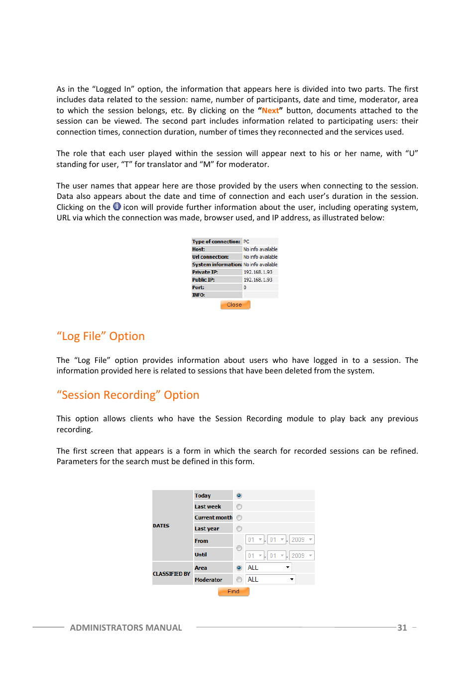 Log file” option, Session recording” option | ClearOne Spontania Admin Manual User Manual | Page 31 / 38