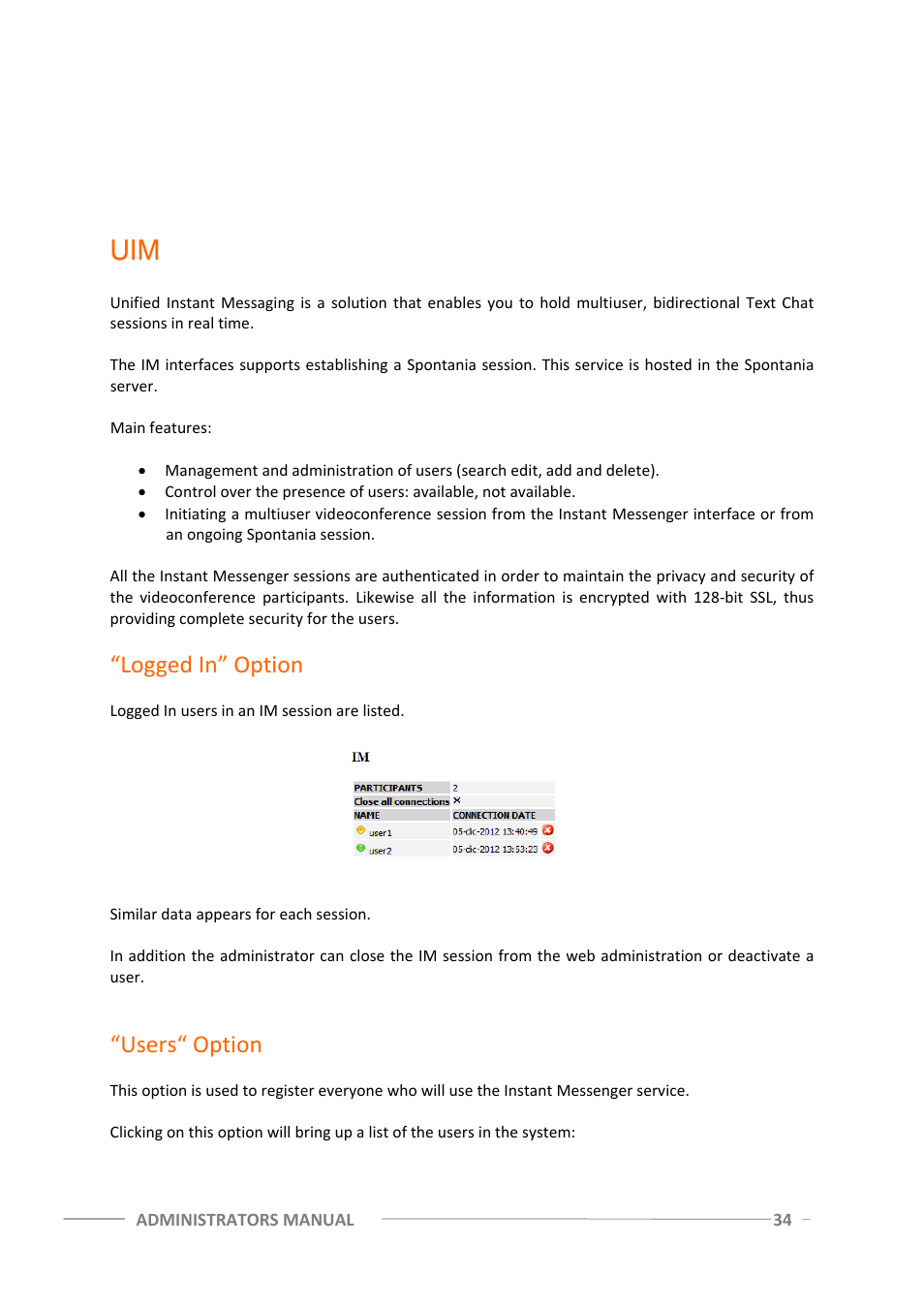 Logged in” option, Users“ option, Uim 34 | ClearOne Spontania Admin Manual User Manual | Page 34 / 38