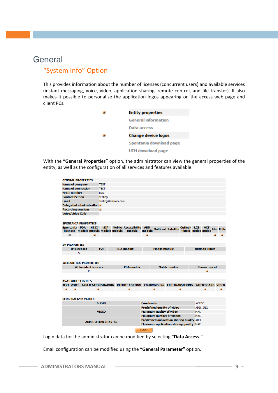 General, System info” option | ClearOne Spontania Admin Manual User Manual | Page 9 / 38