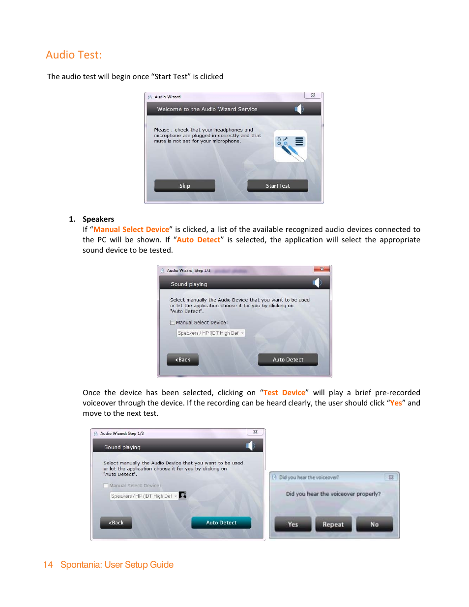 Audio test | ClearOne Spontania User Setup Guide User Manual | Page 14 / 24