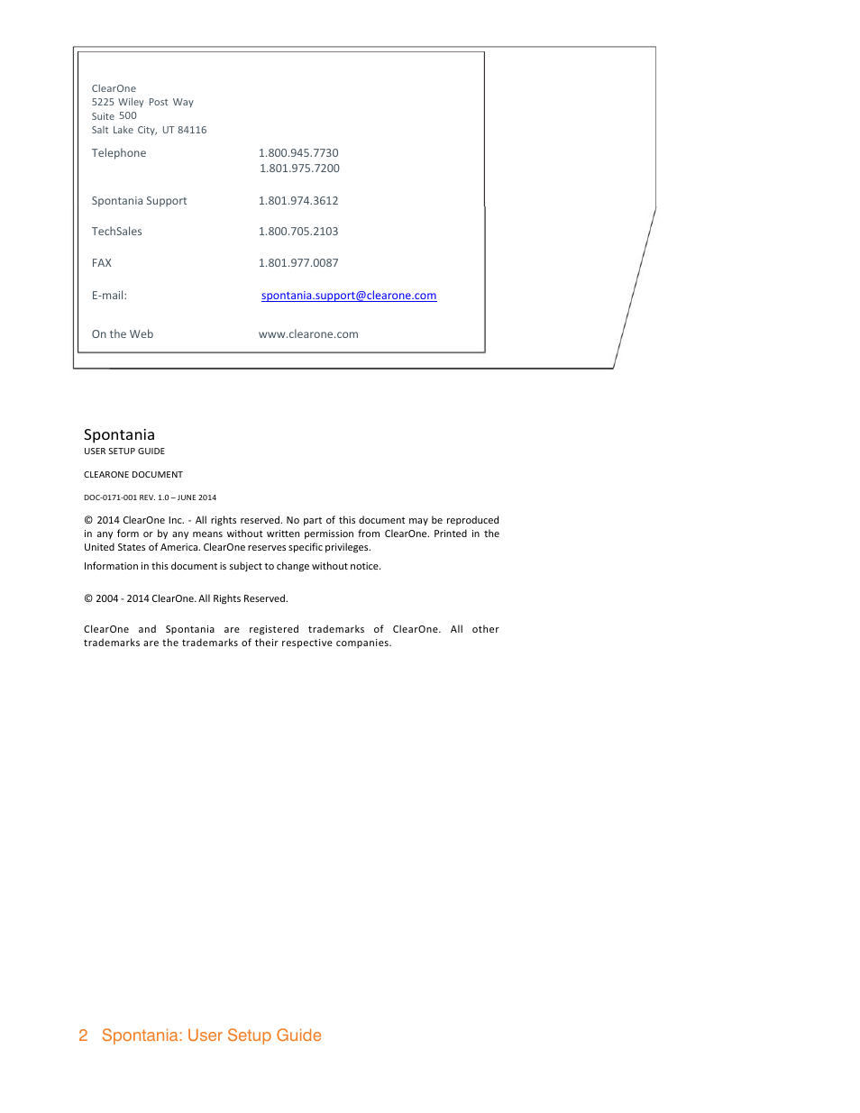 Spontania, 2 spontania: user setup guide | ClearOne Spontania User Setup Guide User Manual | Page 2 / 24