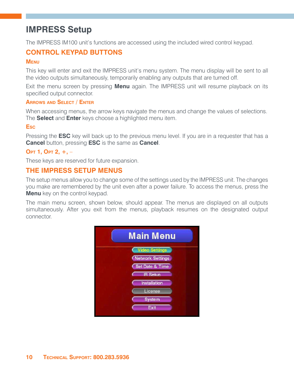 Impress setup, Control keypad buttons, Menu | Arrows and select / enter, Opt 1, opt 2, The impress setup menus, Menu arrows and select / enter esc opt 1, opt 2 | ClearOne Impress IM100 User Manual User Manual | Page 12 / 83