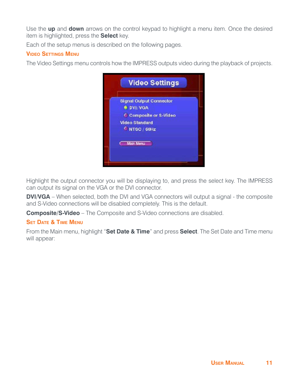 Video settings menu, Set date & time menu, Video settings menu set date & time menu | ClearOne Impress IM100 User Manual User Manual | Page 13 / 83