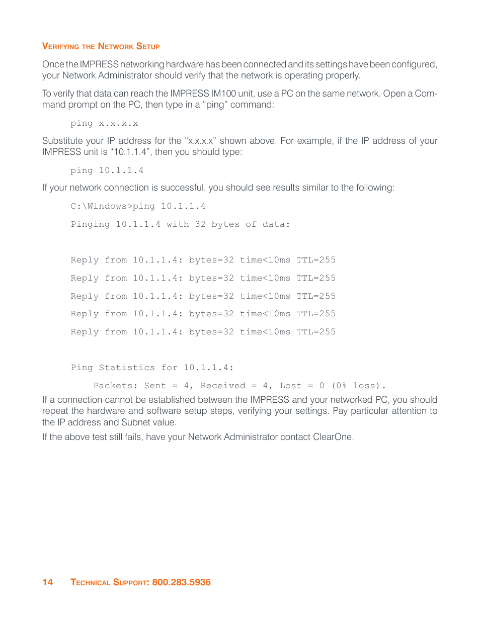 Verifying the network setup, Verifying network setup | ClearOne Impress IM100 User Manual User Manual | Page 16 / 83