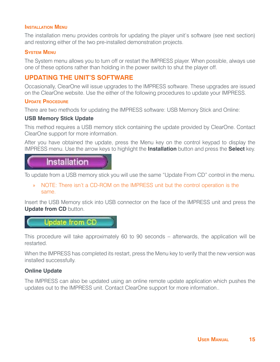 Installation menu, System menu, Updating the unit’s software | Update procedure, Usb memory stick update, Online update, Installation menu system menu | ClearOne Impress IM100 User Manual User Manual | Page 17 / 83