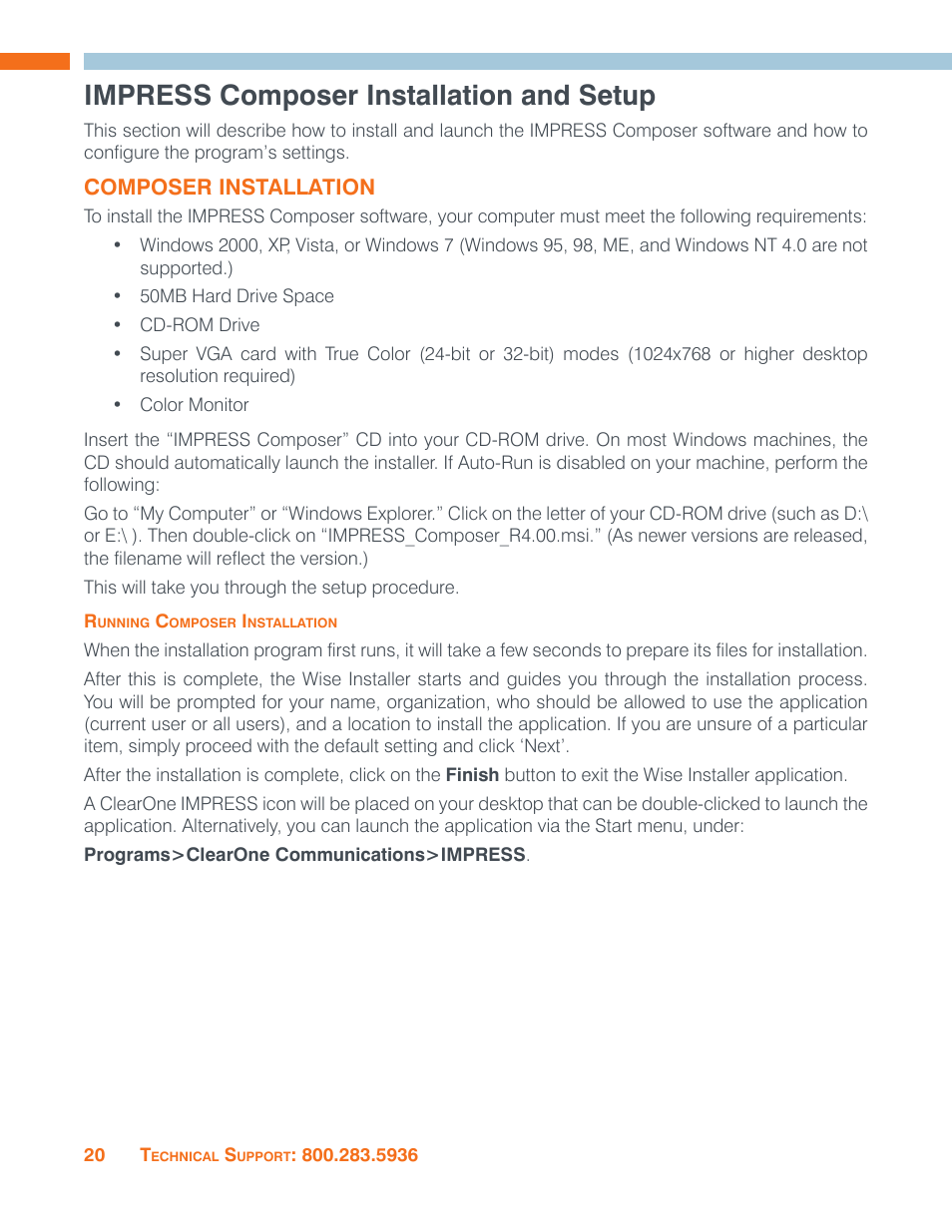 Impress composer installation and setup, Composer installation, Running composer installation | ClearOne Impress IM100 User Manual User Manual | Page 22 / 83