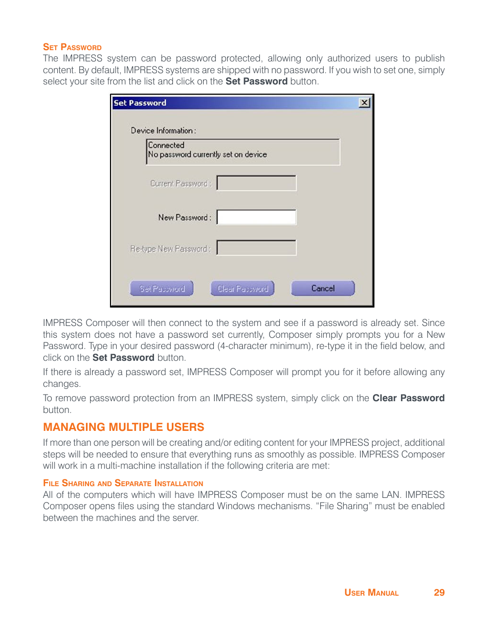 Set password, Managing multiple users | ClearOne Impress IM100 User Manual User Manual | Page 31 / 83