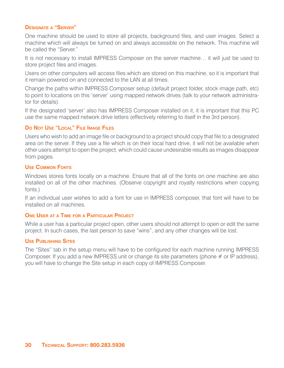 File sharing and separate installation, Designate a “server, Do not use “local” file image files | Use common fonts, One user at a time for a particular projec t, Use publishing sites | ClearOne Impress IM100 User Manual User Manual | Page 32 / 83