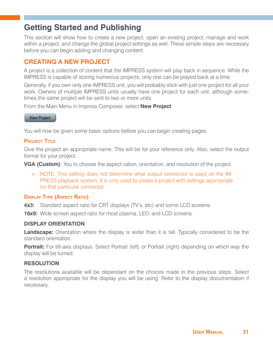 Getting started and publishing, Creating a new project, Project title | Display type (aspect ratio ), Display orientation, Resolution, Project title display type (aspect ratio), Display orientation resolution | ClearOne Impress IM100 User Manual User Manual | Page 33 / 83