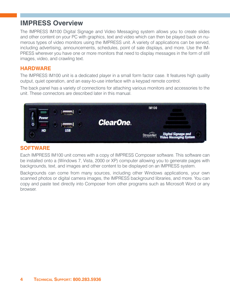 Impress overview, Hardware, Software | Hardware software | ClearOne Impress IM100 User Manual User Manual | Page 6 / 83