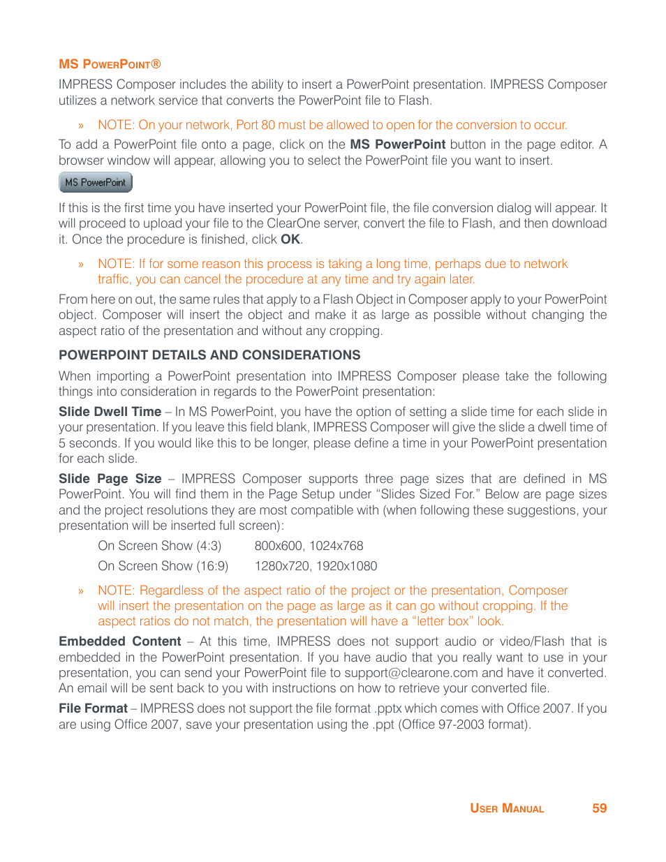 Ms powerpoint, Powerpoint details and considerations | ClearOne Impress IM100 User Manual User Manual | Page 61 / 83