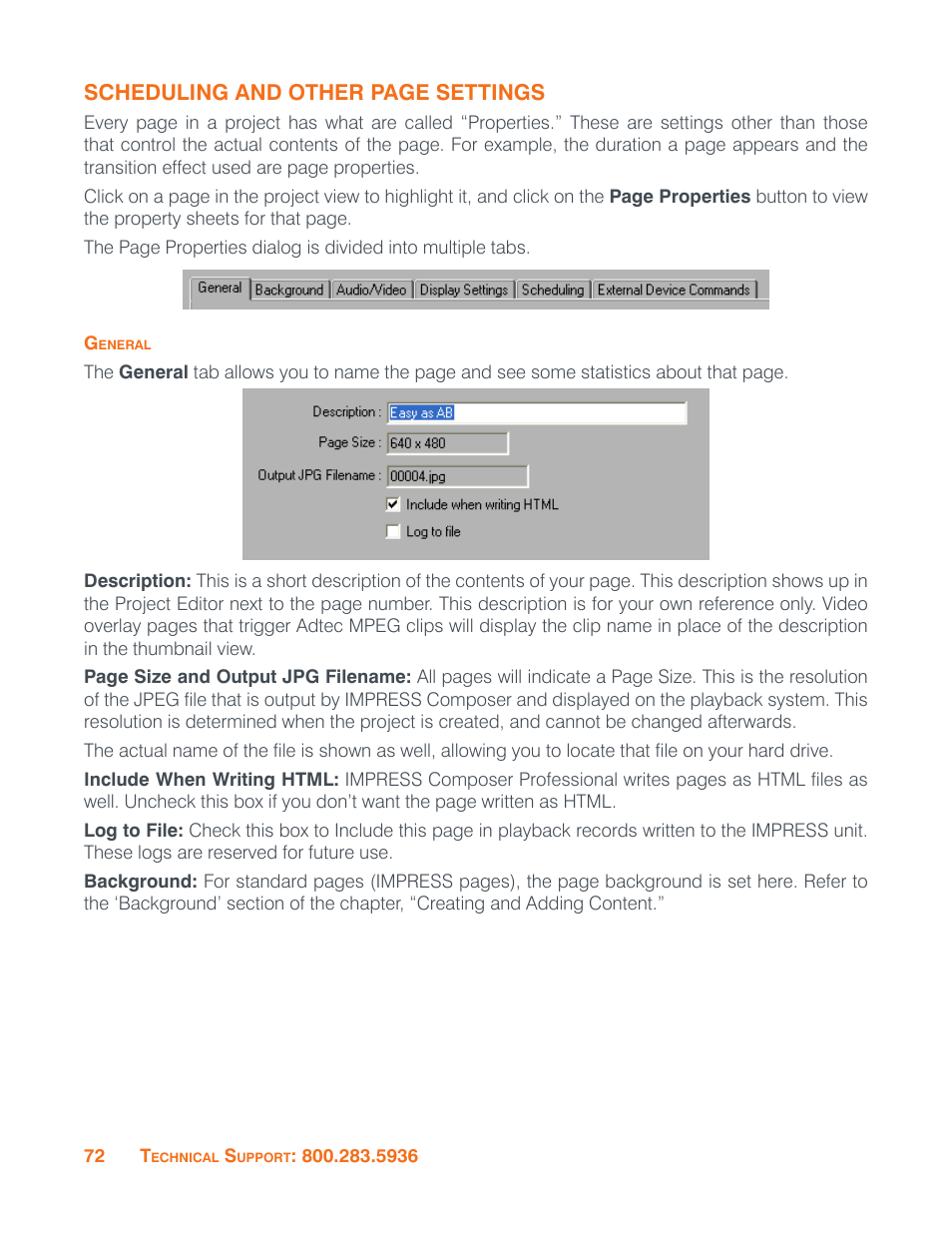 General, Scheduling and other page settings | ClearOne Impress IM100 User Manual User Manual | Page 74 / 83