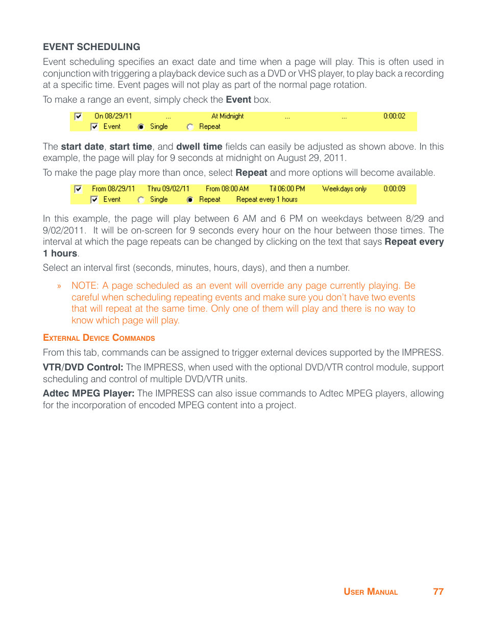 Event scheduling, External device commands | ClearOne Impress IM100 User Manual User Manual | Page 79 / 83