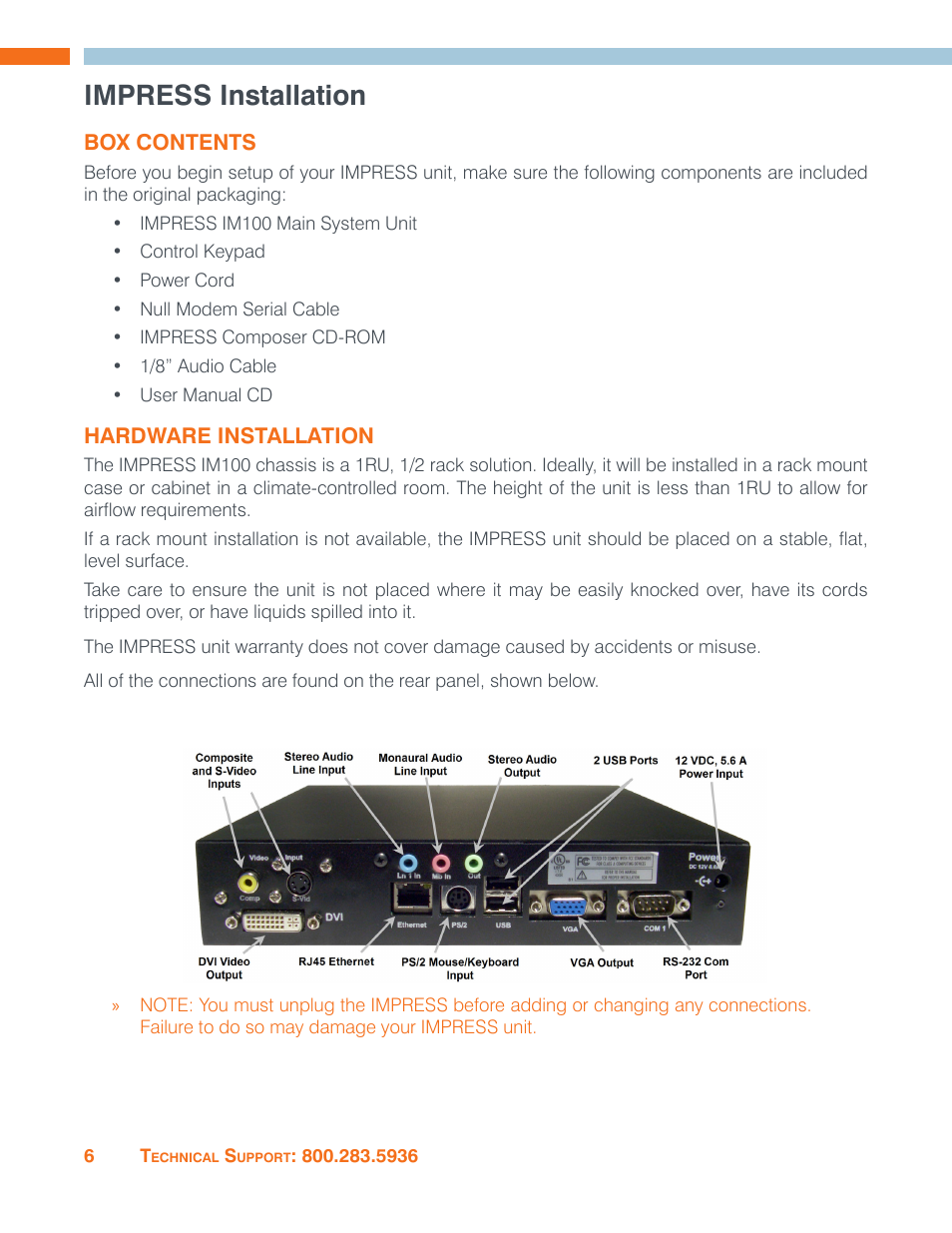 Impress installation, Box contents, Hardware installation | Box contents hardware installation | ClearOne Impress IM100 User Manual User Manual | Page 8 / 83