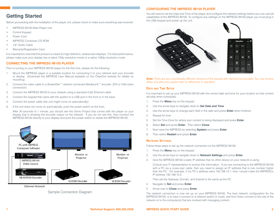 Getting started, Connecting the impress media player, Configuring the impress player | Date and time setup, Network settings, Date and time setup network settings | ClearOne Impress IM100 Quick Start User Manual | Page 3 / 5