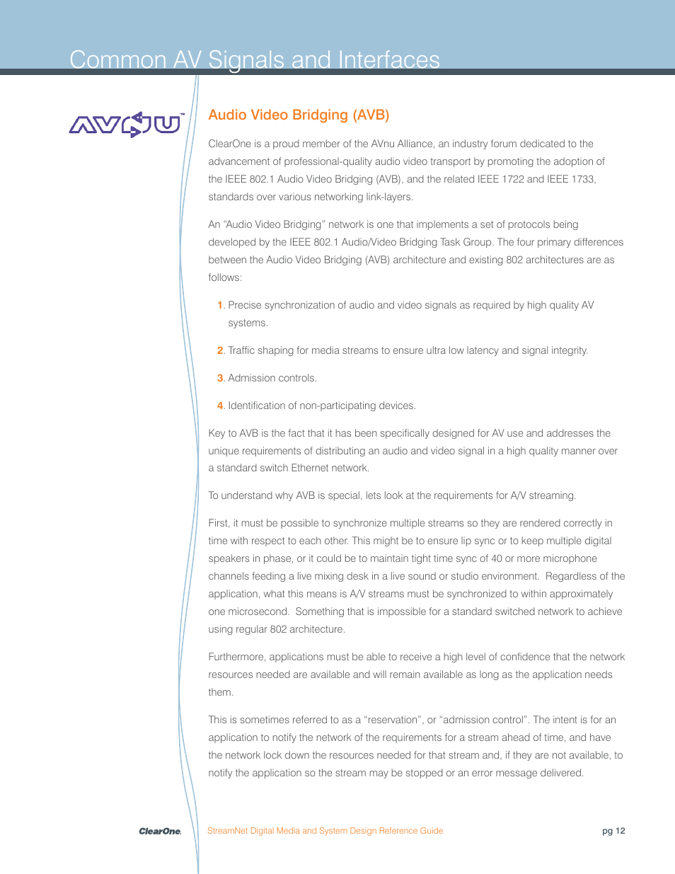 Common av signals and interfaces, Audio video bridging (avb) | ClearOne Digital Media User Manual | Page 12 / 84