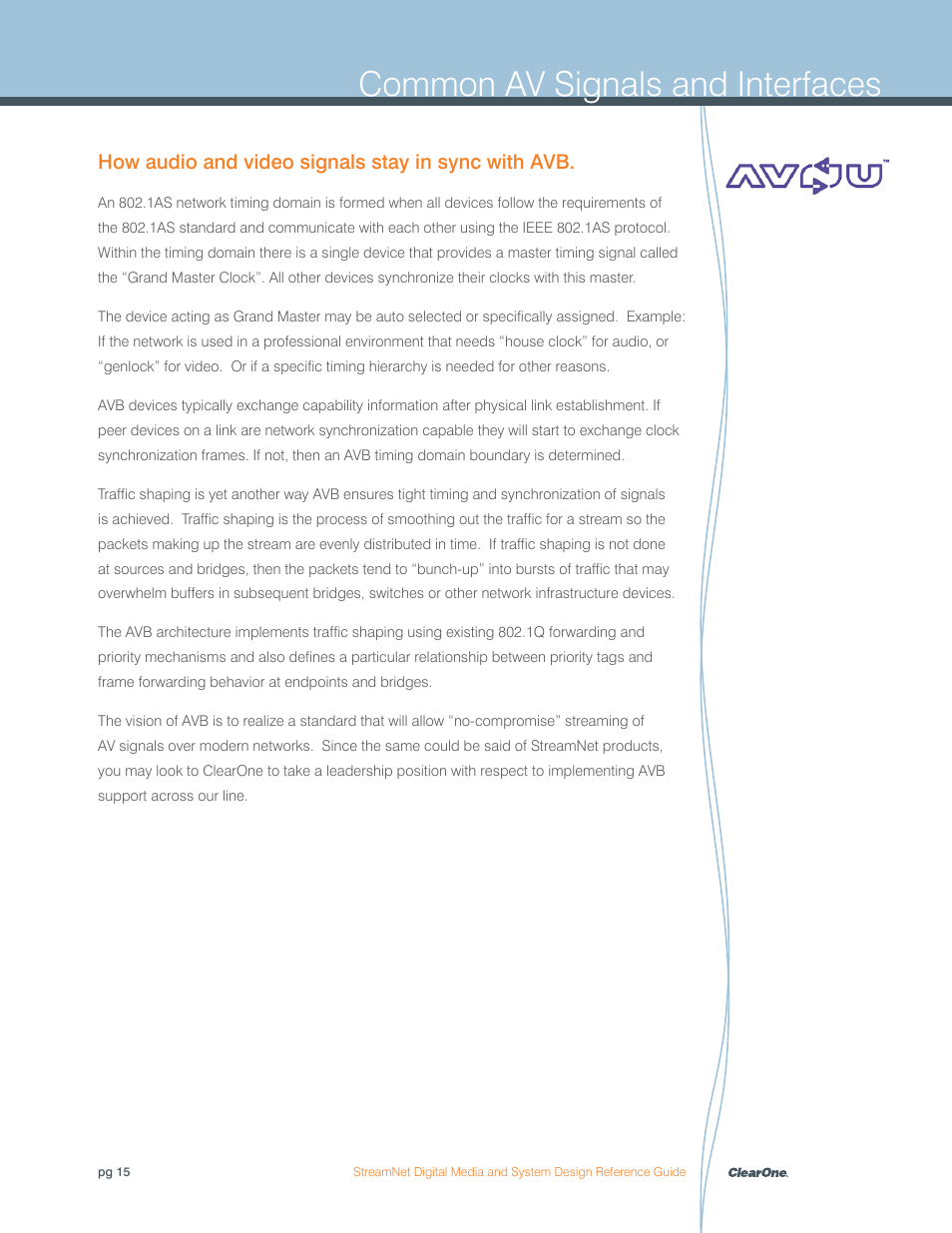 Common av signals and interfaces, How audio and video signals stay in sync with avb | ClearOne Digital Media User Manual | Page 15 / 84