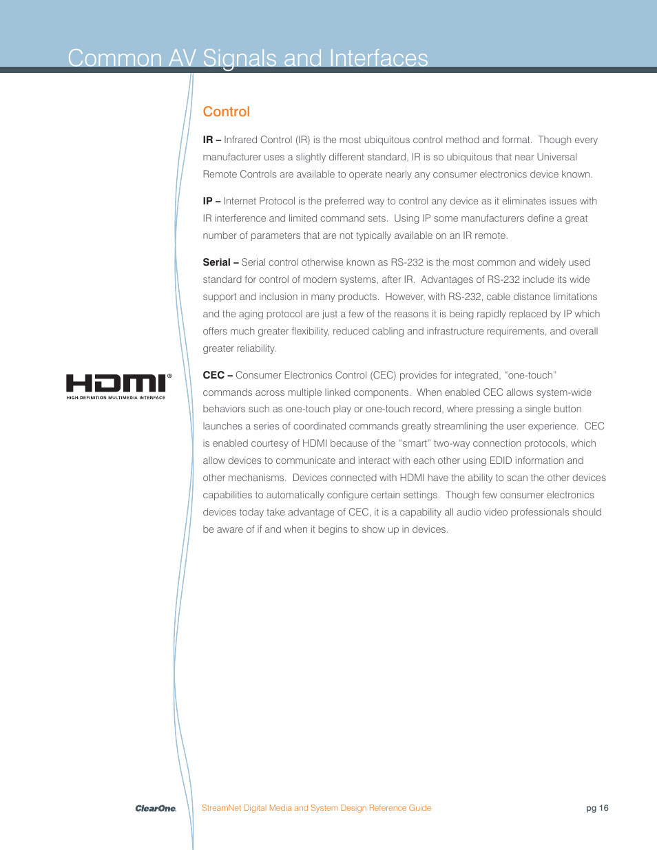 Common av signals and interfaces, Control | ClearOne Digital Media User Manual | Page 16 / 84