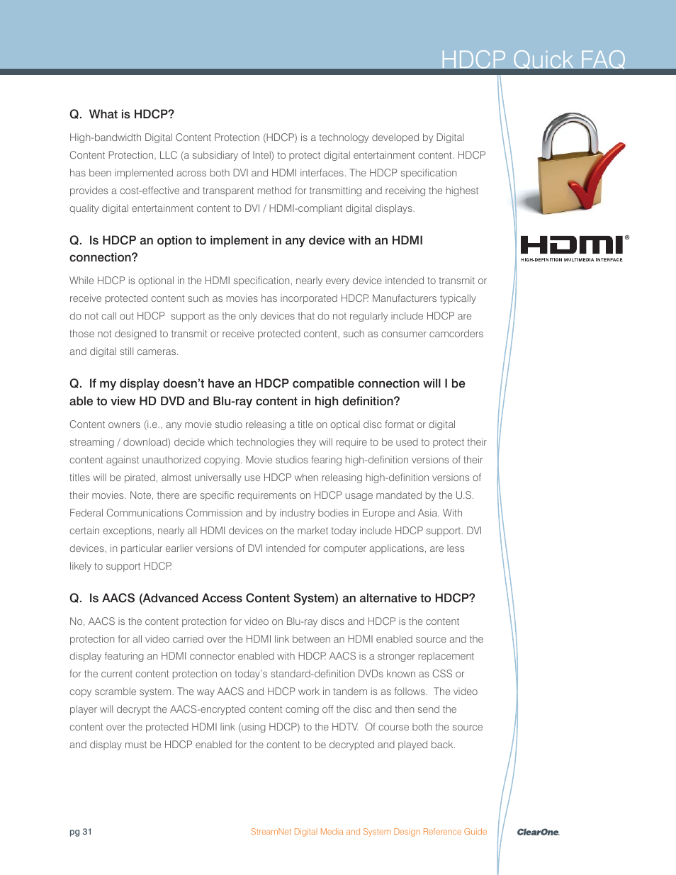 Hdcp quick faq | ClearOne Digital Media User Manual | Page 31 / 84