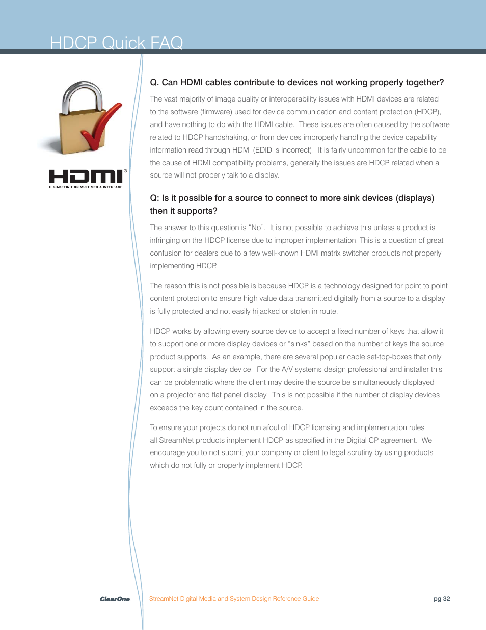 Hdcp quick faq | ClearOne Digital Media User Manual | Page 32 / 84