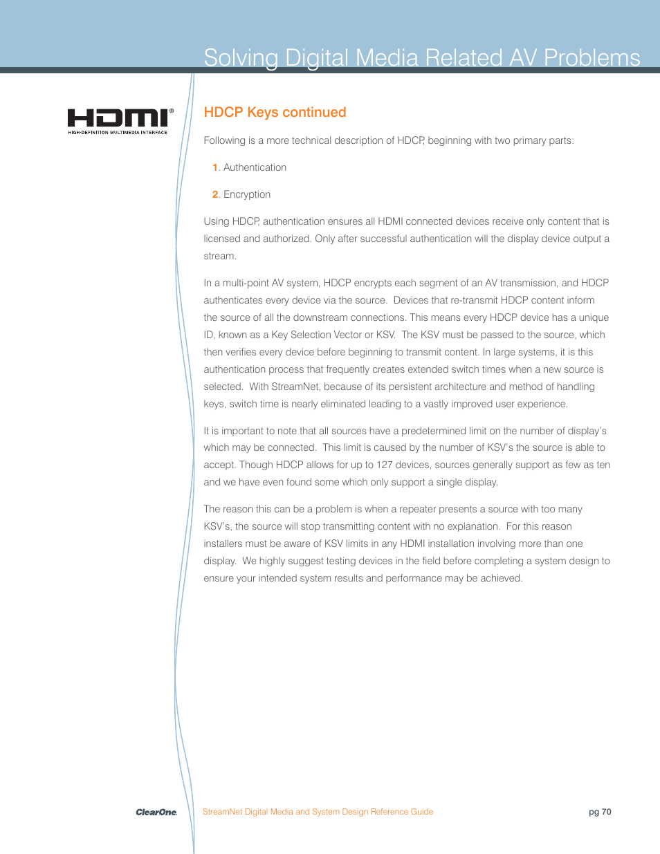 Solving digital media related av problems, Hdcp keys continued | ClearOne Digital Media User Manual | Page 70 / 84