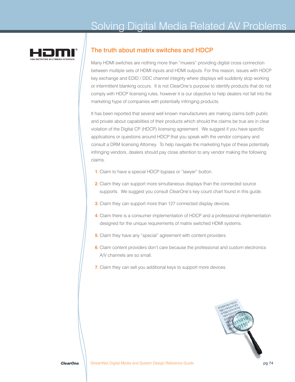 Solving digital media related av problems, The truth about matrix switches and hdcp | ClearOne Digital Media User Manual | Page 74 / 84