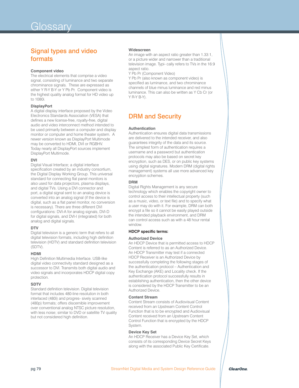 Glossary, Signal types and video formats, Drm and security | ClearOne Digital Media User Manual | Page 79 / 84