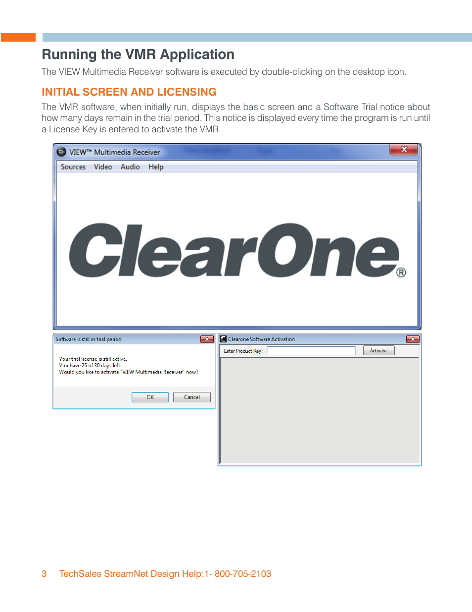 Running the vmr application, Initial screen and licensing | ClearOne VIEW Multimedia User Manual | Page 6 / 11