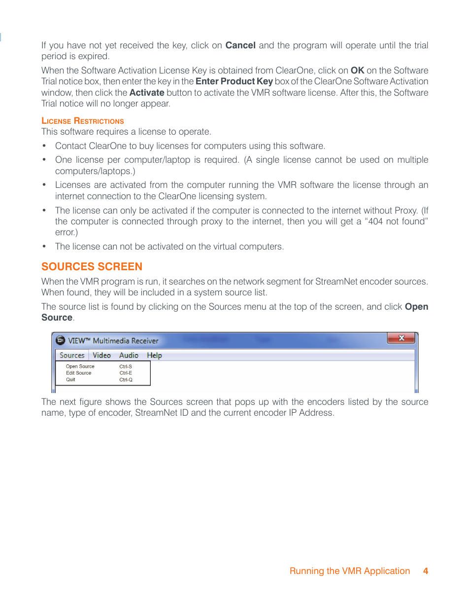 License restrictions, Sources screen | ClearOne VIEW Multimedia User Manual | Page 7 / 11