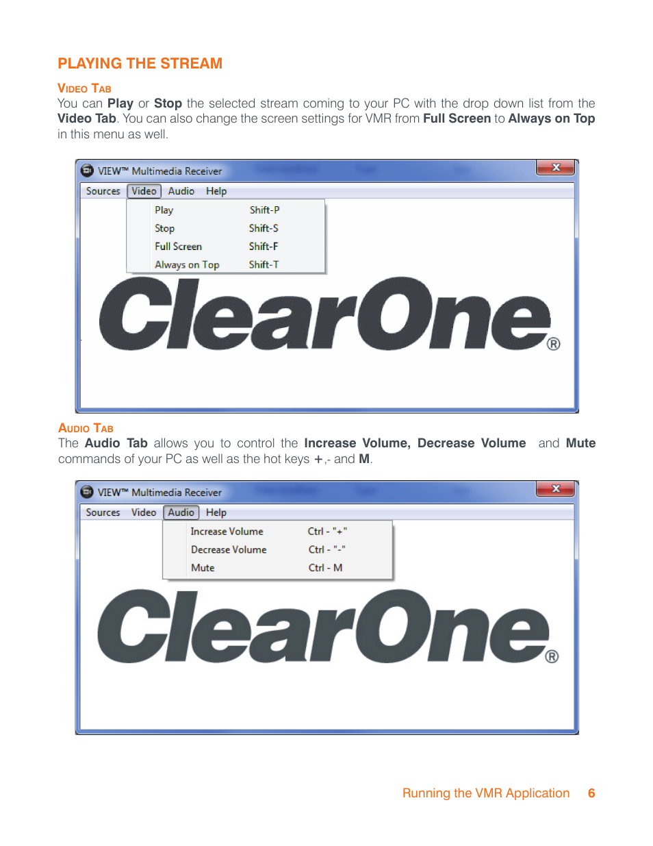 Playing the stream, Video tab, Audio tab | Video tab audio tab | ClearOne VIEW Multimedia User Manual | Page 9 / 11