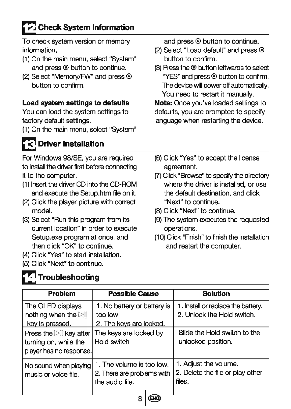 Driver installation, T roubleshooting | Beko MP 300 R User Manual | Page 10 / 12