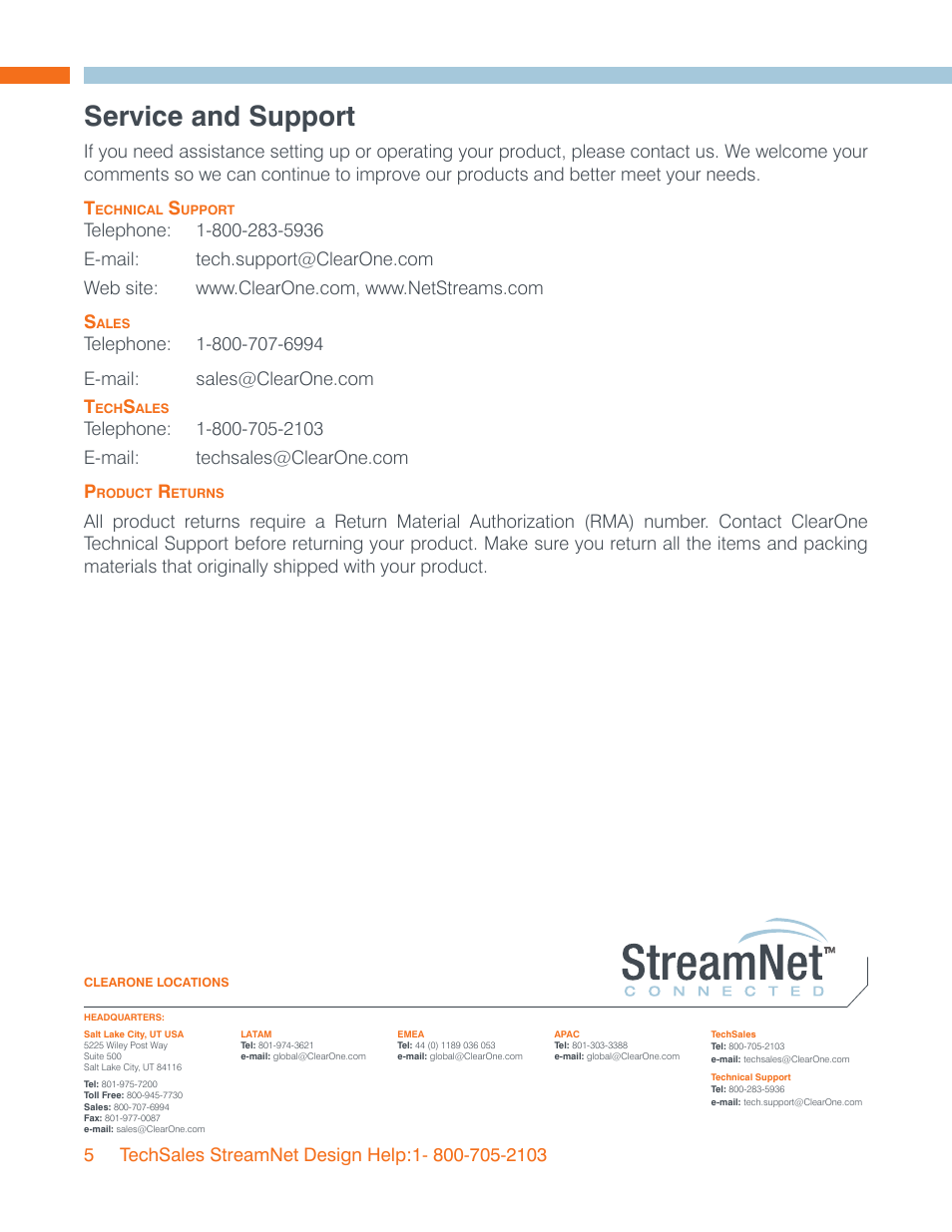 Service and support | ClearOne StreamNet-Enabled Devices User Manual | Page 8 / 8