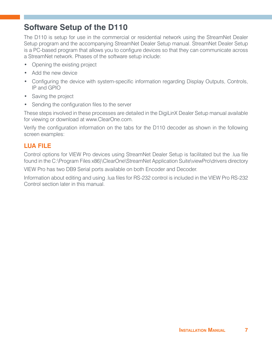 Software setup of the d110, Lua file | ClearOne VIEW Pro - D110 Manual User Manual | Page 11 / 31
